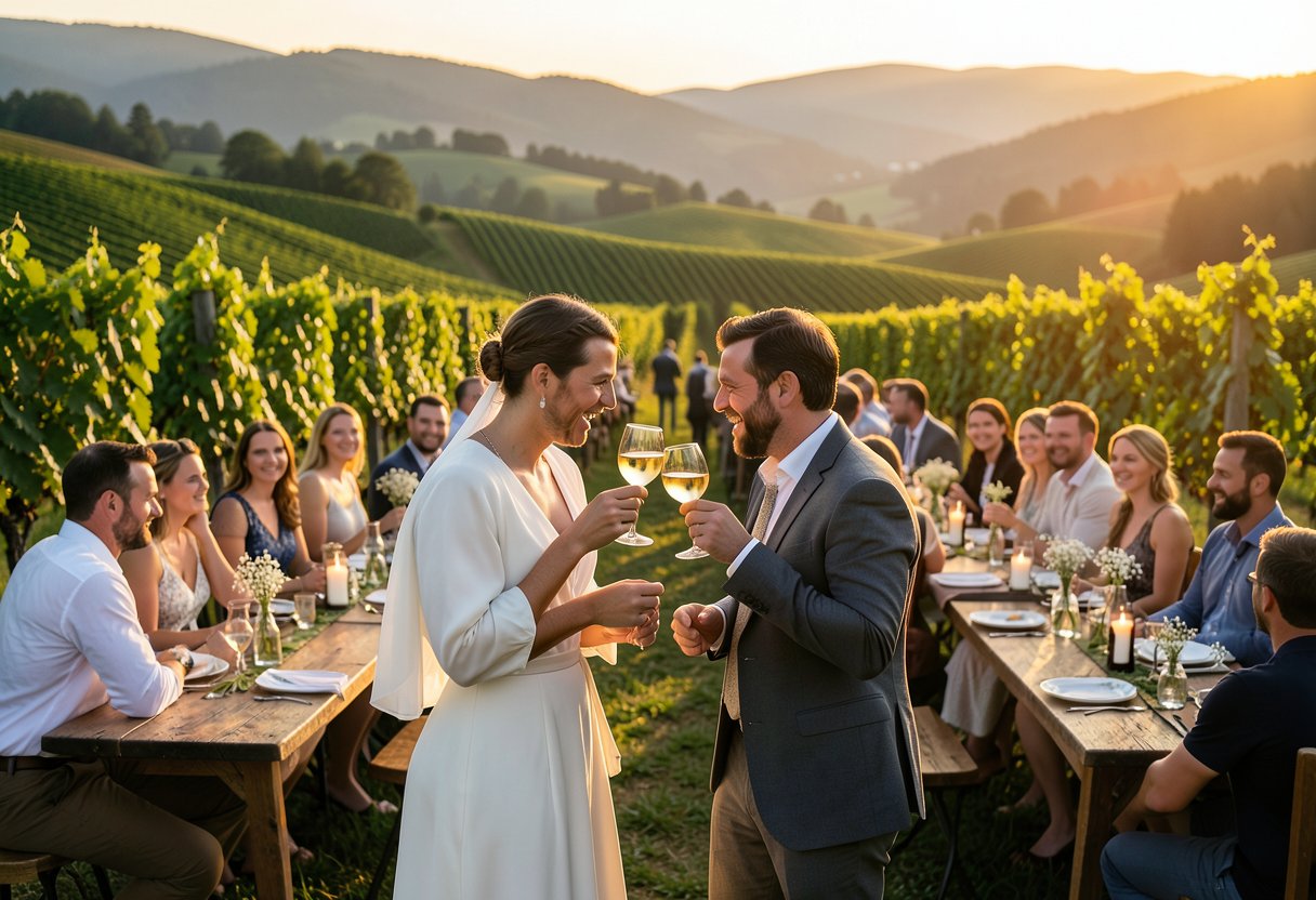 Romantische Hochzeitsfeier auf einem Weingut in der Südsteiermark: Brautpaar stößt mit Wein an, umgeben von Weinbergen und Gästen bei Sonnenuntergang.