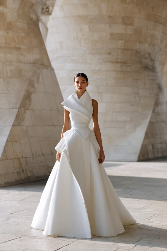 Luxury bridal editorial с архитектурным couture gown, выразительным sculptural collar и clean geometric sil…